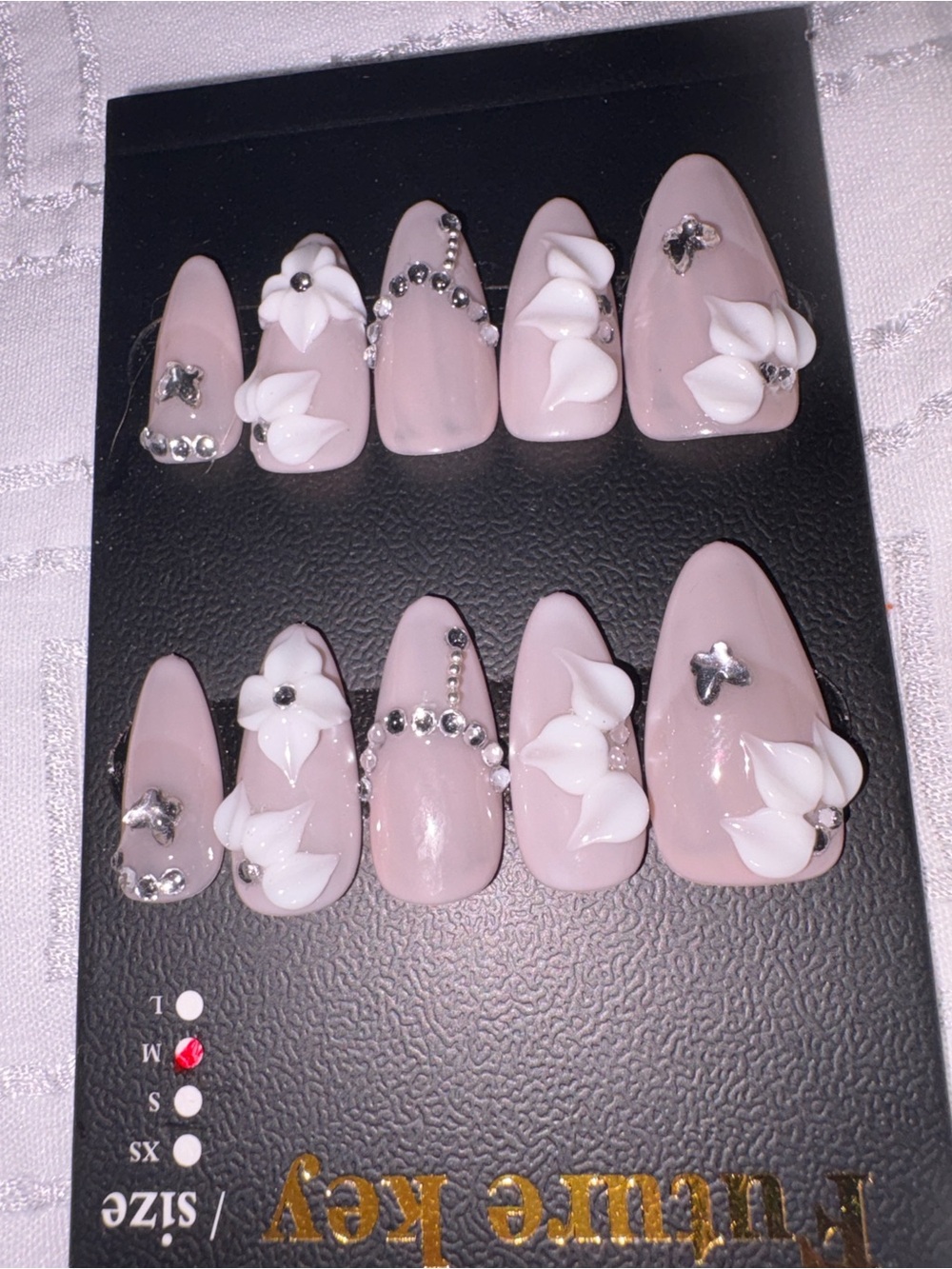 Premium Custom made Taupe 3D Floral Press-On Nail Set with Rhinestone Accents M